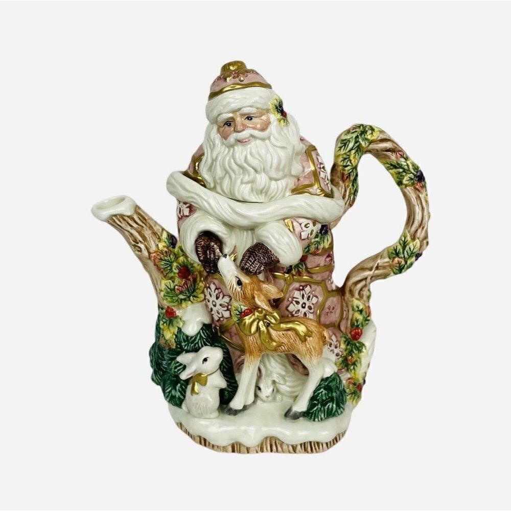 Vtg Fitz and Floyd Snowy Woods Santa Teapot Original Box Christmas Discontinued